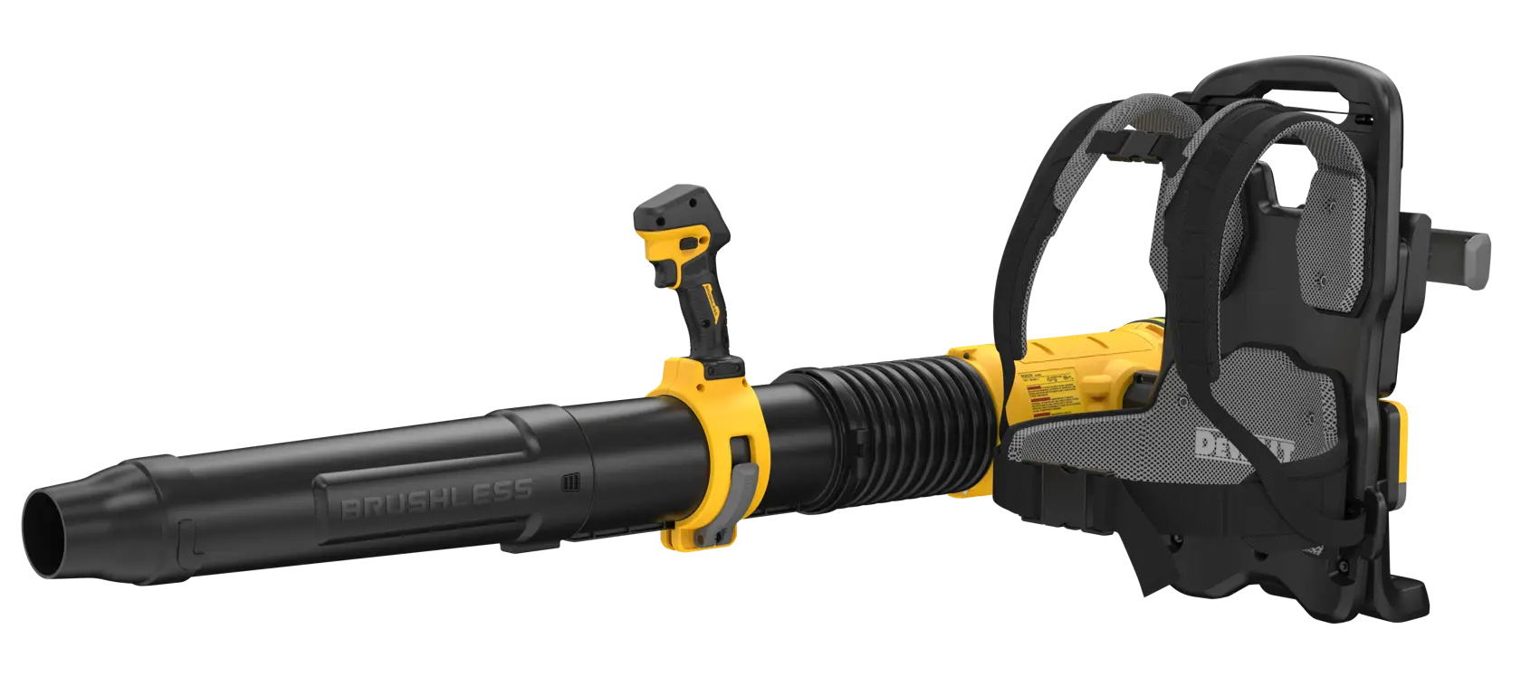 DEWALT DCBL570B backpack blower tool assembly with harness and concentrator tube on a transparent background, without an attached battery.