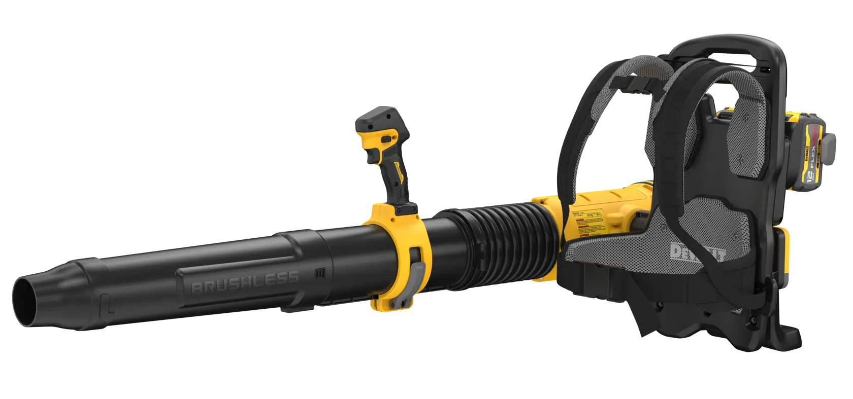 DEWALT DCBL570Y2 backpack blower assembly on a transparent background with a DCB612 12 Ah battery attached; image is not a full box-contents inventory.