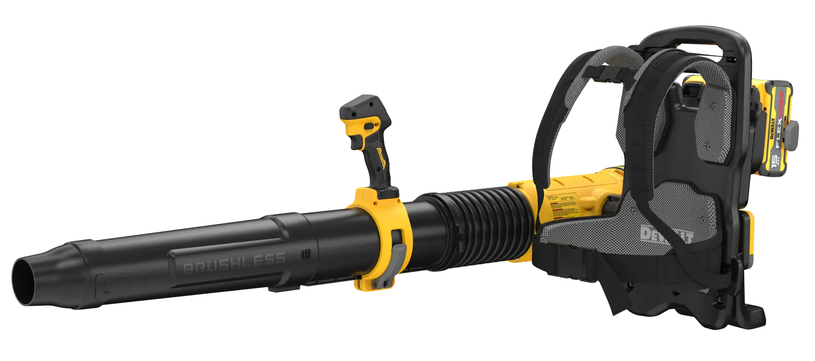 DEWALT DCBL570Z2 backpack blower assembly on a transparent background with a DCB615 15 Ah battery attached; image is not a full box-contents inventory.