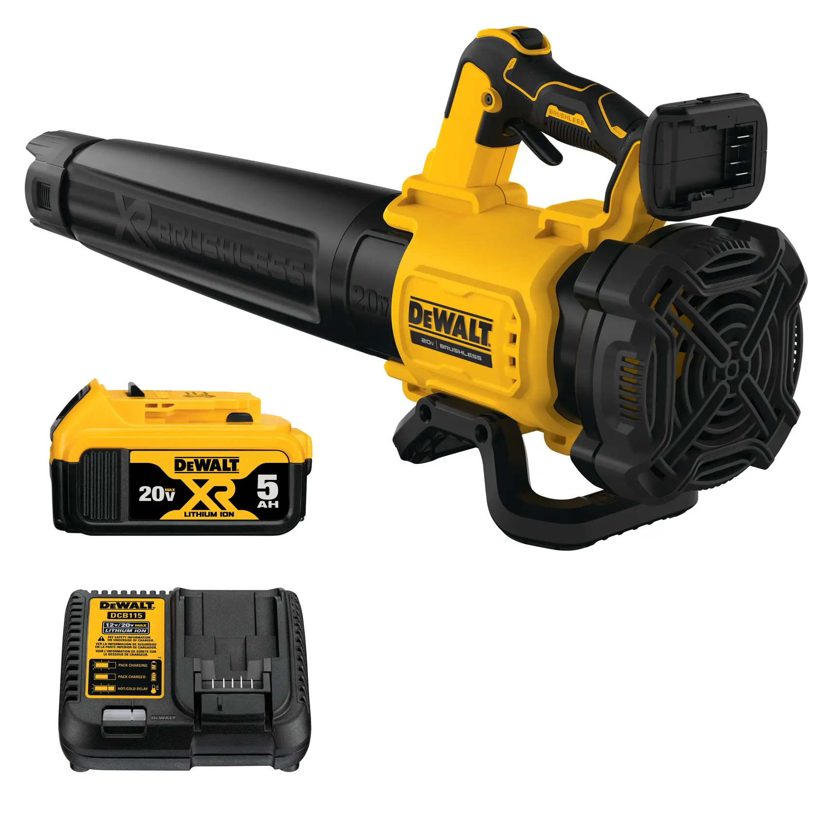 DEWALT DCBL722P1 20V MAX blower kit image with one DCB205 battery and DCB115 charger; the exact package page also lists one concentrator nozzle.