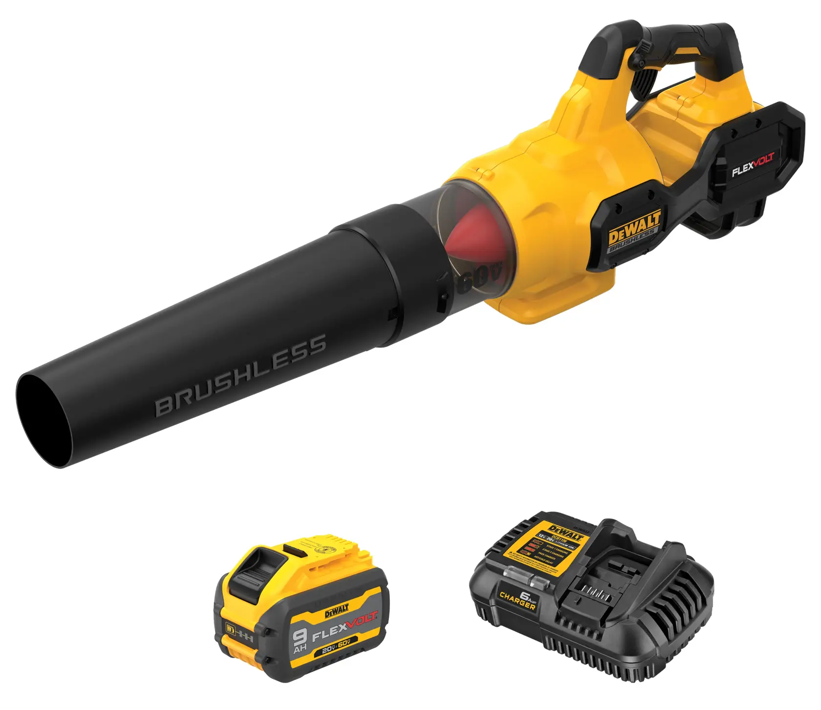 DEWALT DCBL772X1 handheld blower kit image with a FLEXVOLT battery and charger; exact SKU page package list supplies contents, while capacity claims conflict.