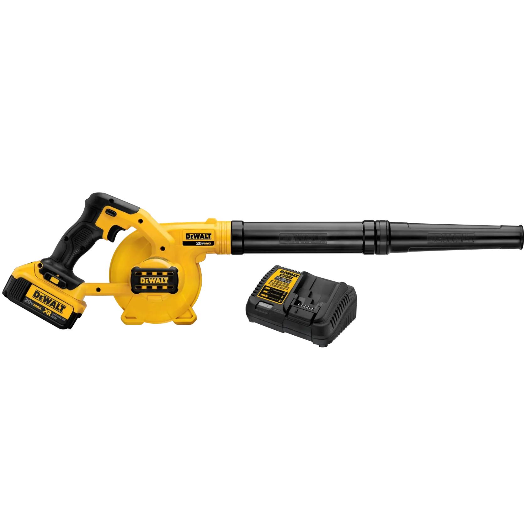 DEWALT DCE100M1 compact jobsite blower kit shown with one 20V MAX battery and a charger.