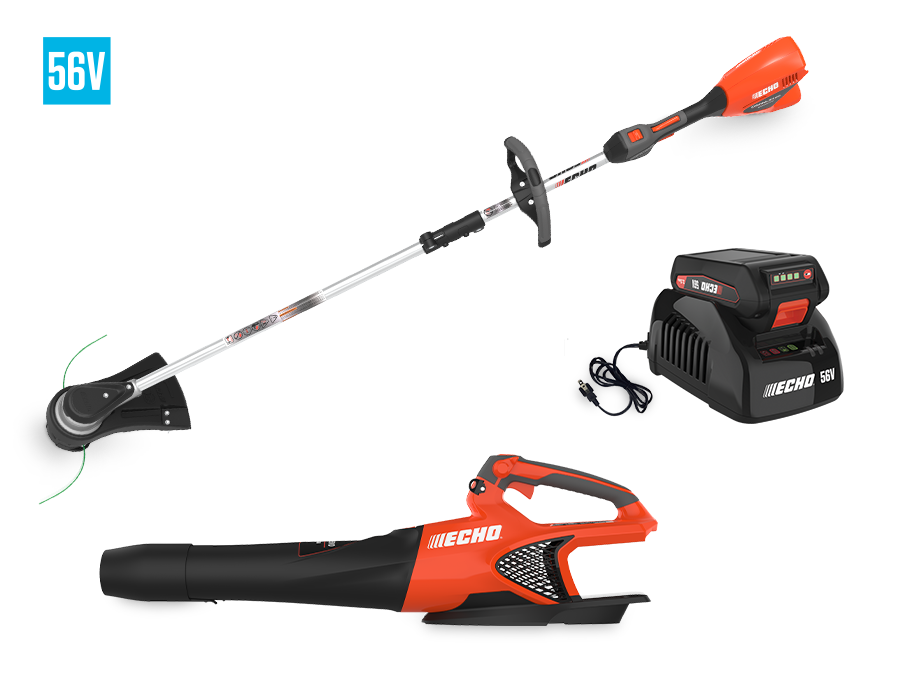 The ECHO DCP-BVRVS1B bundle image shows a cordless string trimmer, handheld blower, battery and charger.