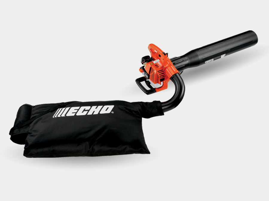 The orange-and-black ECHO ES-250 handheld powerhead is shown with a long blower pipe alongside its curved vacuum elbow and black debris bag.