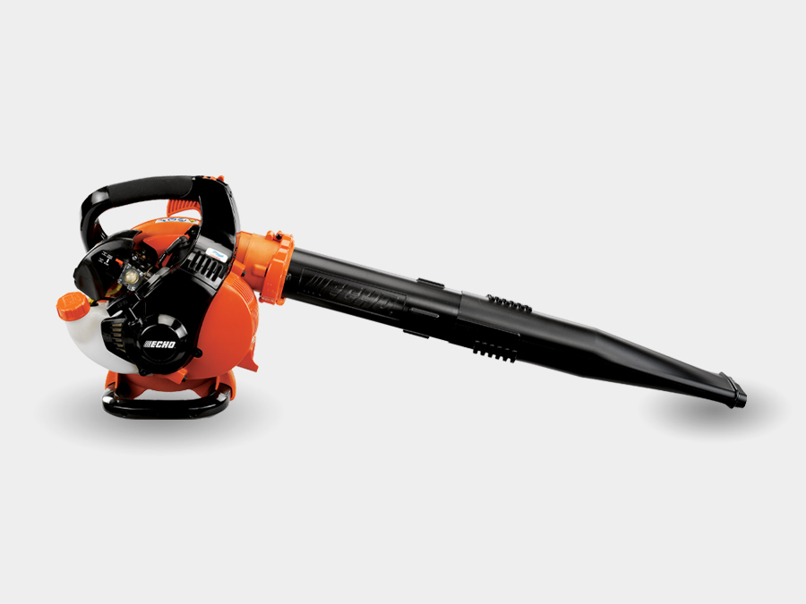 ECHO PB-255LN orange-and-black handheld gas leaf blower with its housing, handle and long blower pipe.