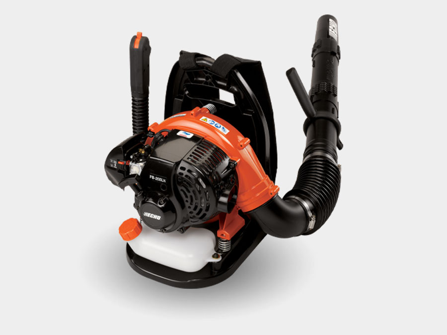 ECHO PB-265LN orange-and-black low-noise gas backpack blower showing its harness, back support and hip-control layout.