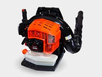 The orange-and-black ECHO PB-5810H backpack blower with its hip-side control visible; no fuel is shown.