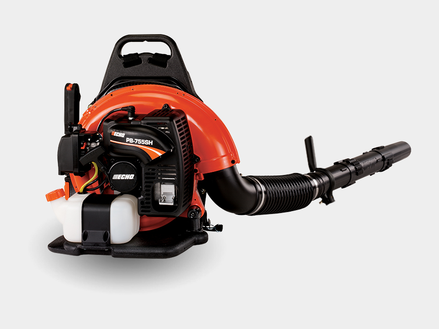 ECHO PB-755SH orange-and-black gasoline backpack leaf blower with the manufacturer's hip-mounted throttle layout.