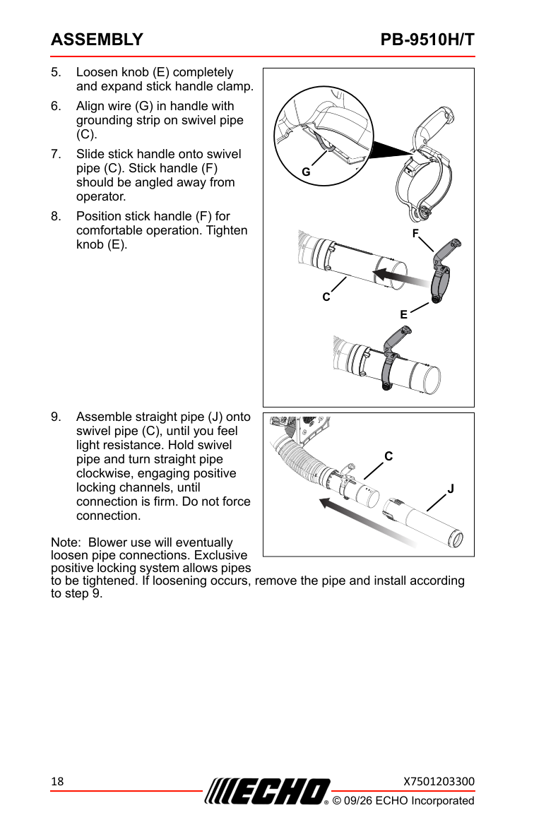 ECHO manual line diagram of the PB-9510H stick handle being attached to the blower swivel pipe, with assembly steps and pipe connection.