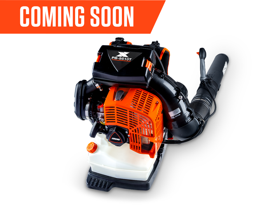 ECHO PB-9510T orange-and-black backpack leaf blower with its tube-mounted throttle handle; ECHO product art includes a Coming Soon banner.