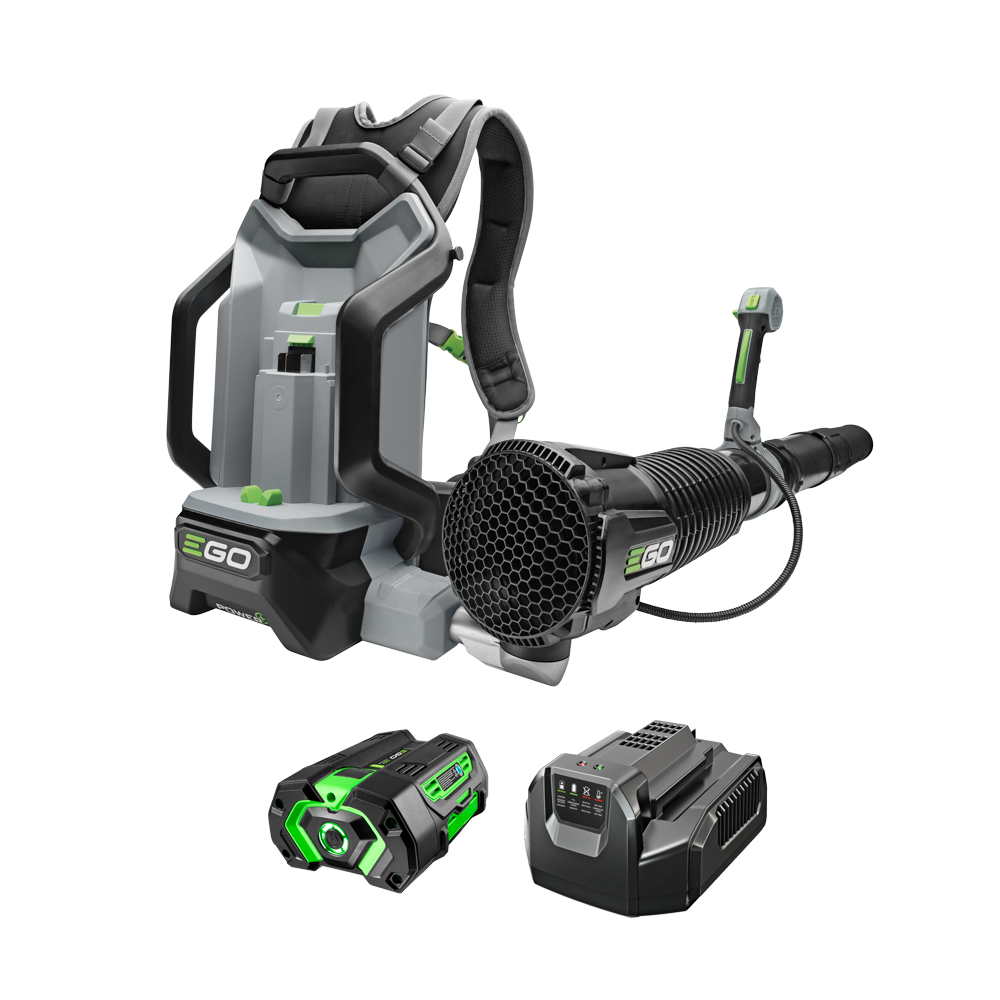 EGO configuration render showing the backpack blower with battery and charger; table identifies LB6002 as the 5.0 Ah/standard-charger kit.