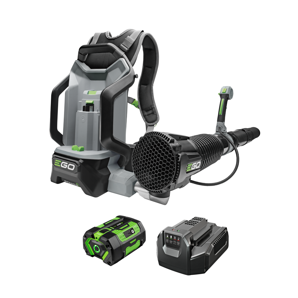 EGO configuration render showing the backpack blower with 7.5 Ah battery and charger; table identifies LB6003 and its battery fuel gauge.