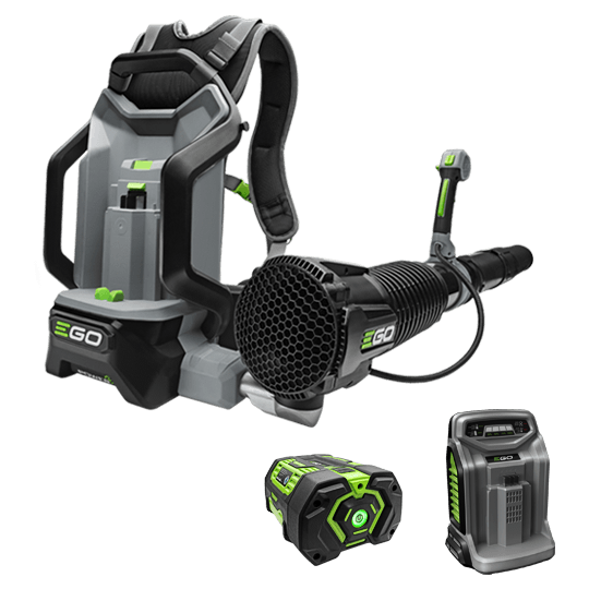 EGO configuration render showing the backpack blower, battery and charger; exact table identifies LB6004 as the 7.5 Ah/rapid-charger package.