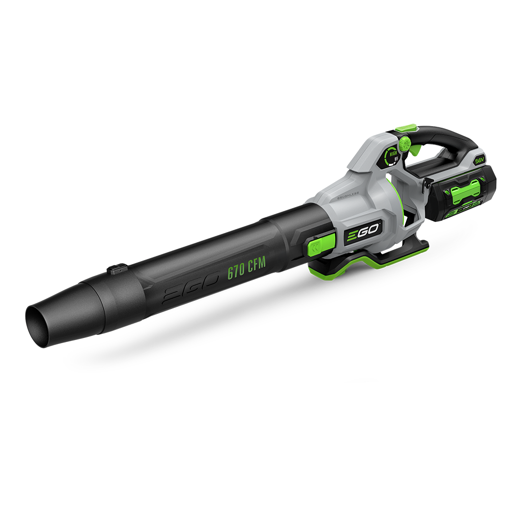 The 670 CFM blower with 4.0 Ah battery attached; the charger and alternate spread nozzle are not shown.