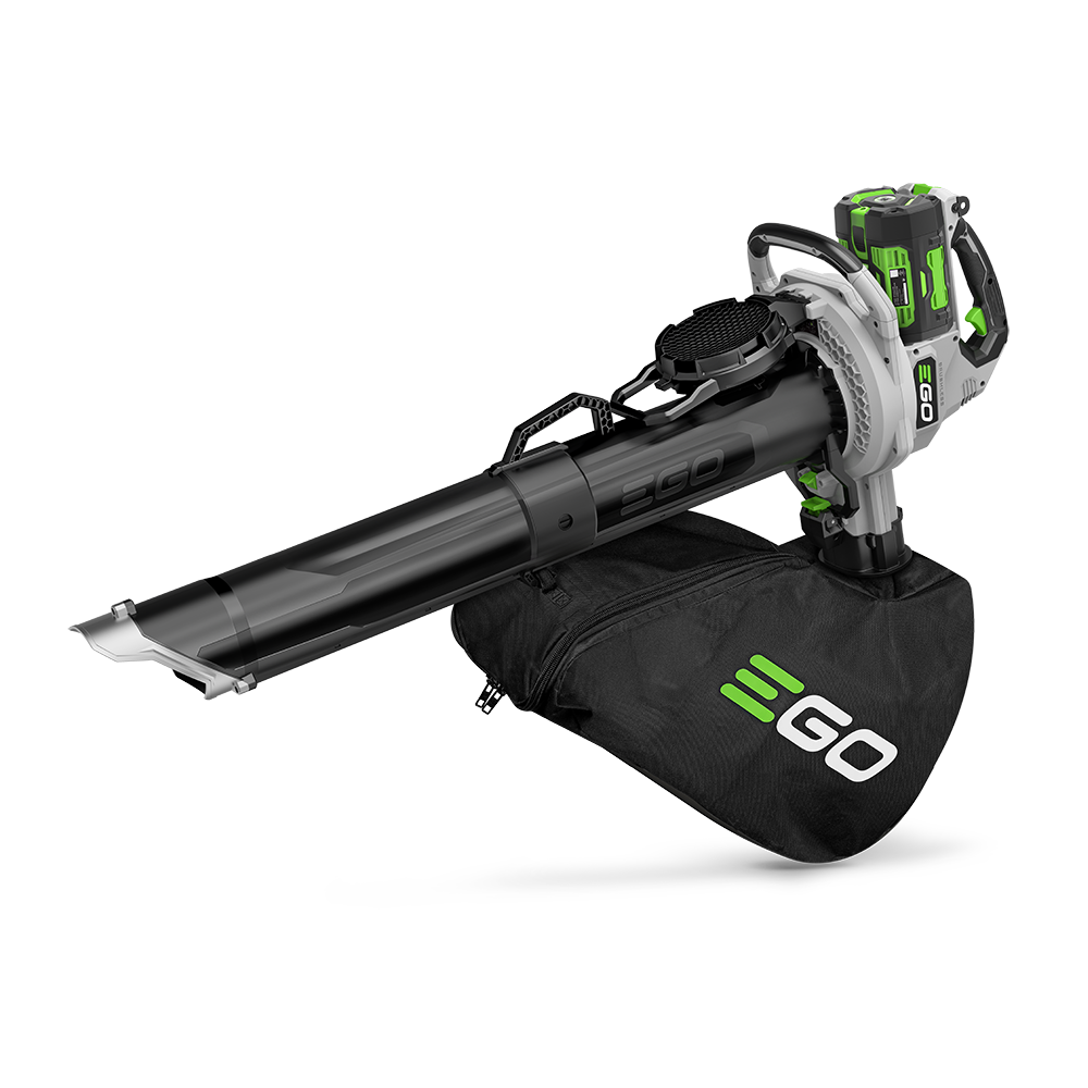 EGO LV5005 manufacturer render showing the shared vacuum-mulcher tool in leaf-collection configuration with a battery fitted; the charger is not pictured.
