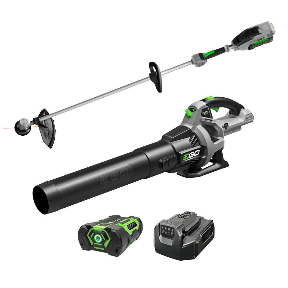 Official EGO ST1502LB render showing its 15-inch Rapid Reload trimmer, 530 CFM blower, 2.5 Ah battery and charger.