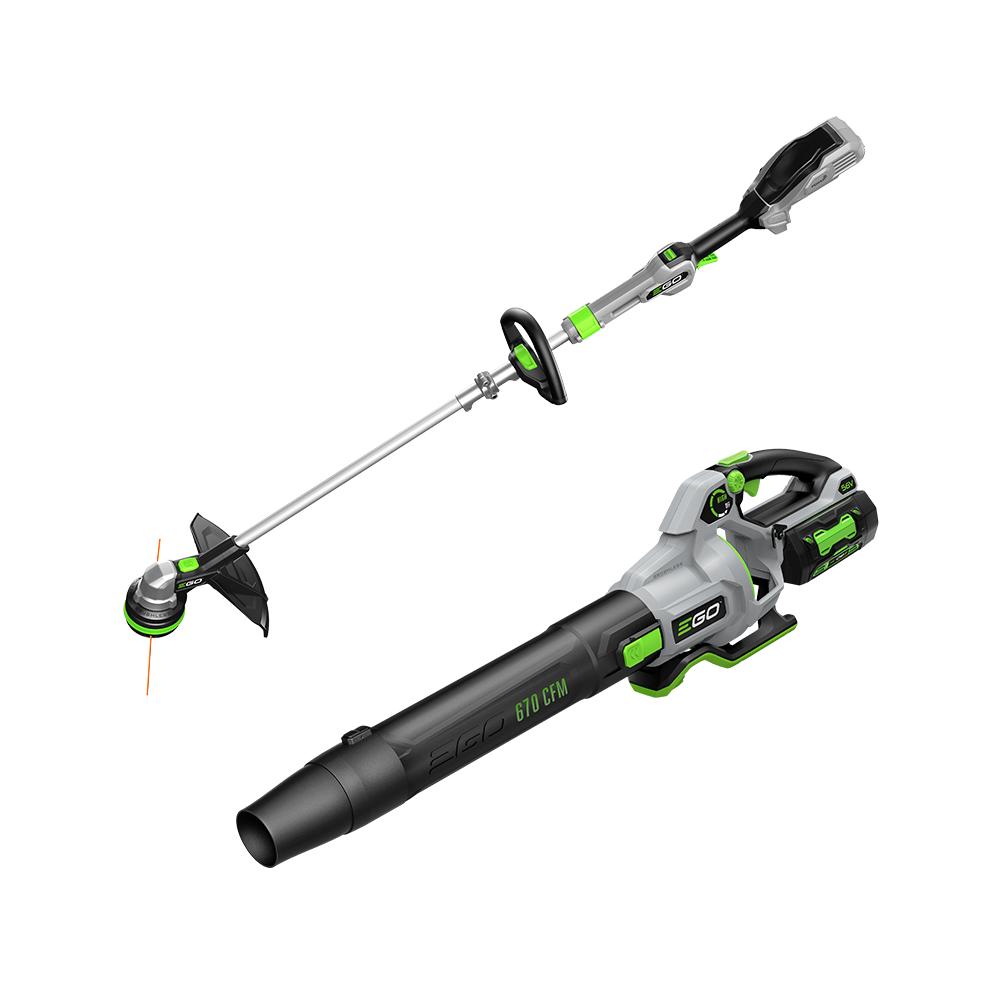 EGO manufacturer render showing the ST6703LB string trimmer and 670 CFM handheld blower; loose kit pieces and charger are not pictured.