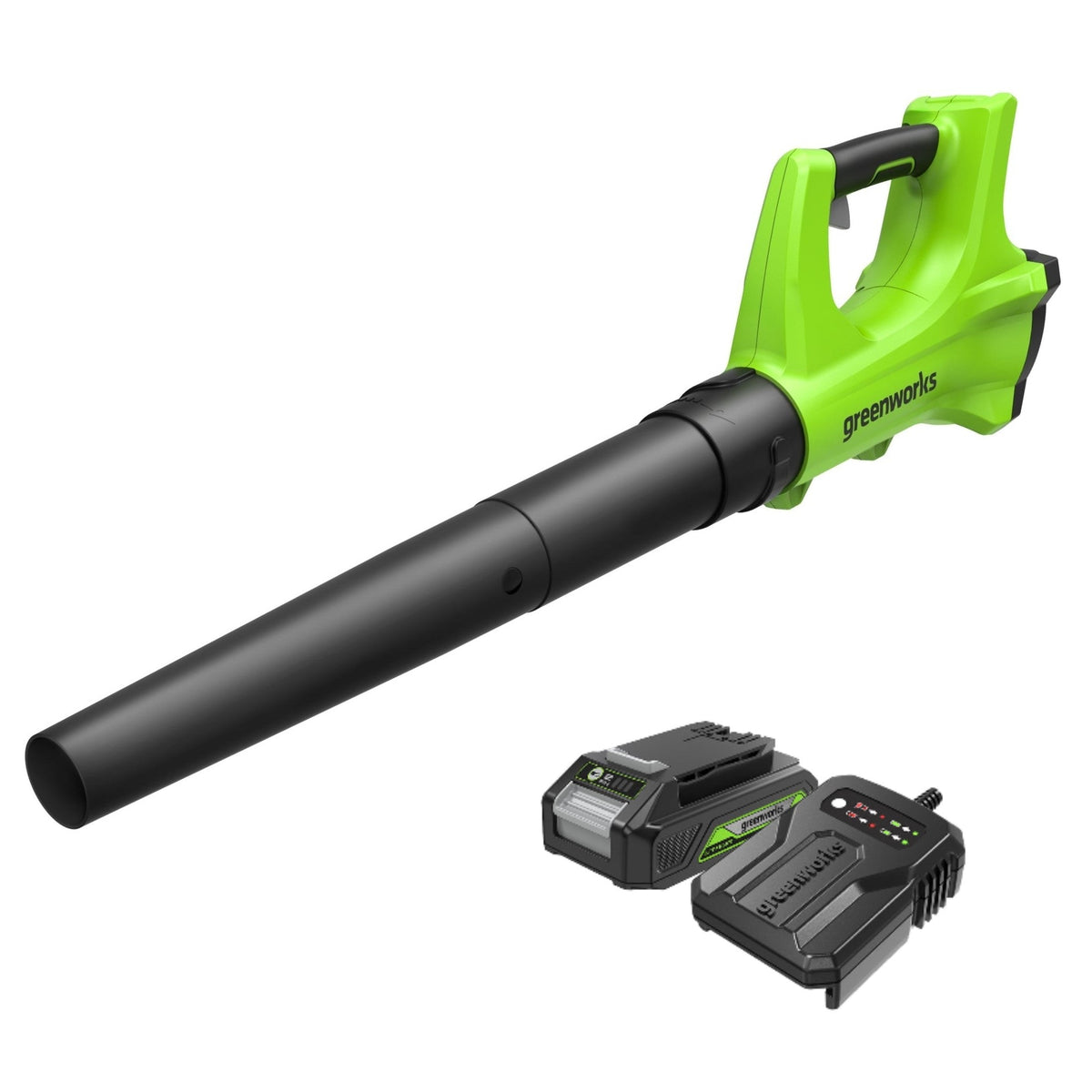 Imagen enlazada desde la página de Greenworks del kit de soplador Open Box BA24B210 24V, que muestra el soplador de mano, la batería y el cargador.