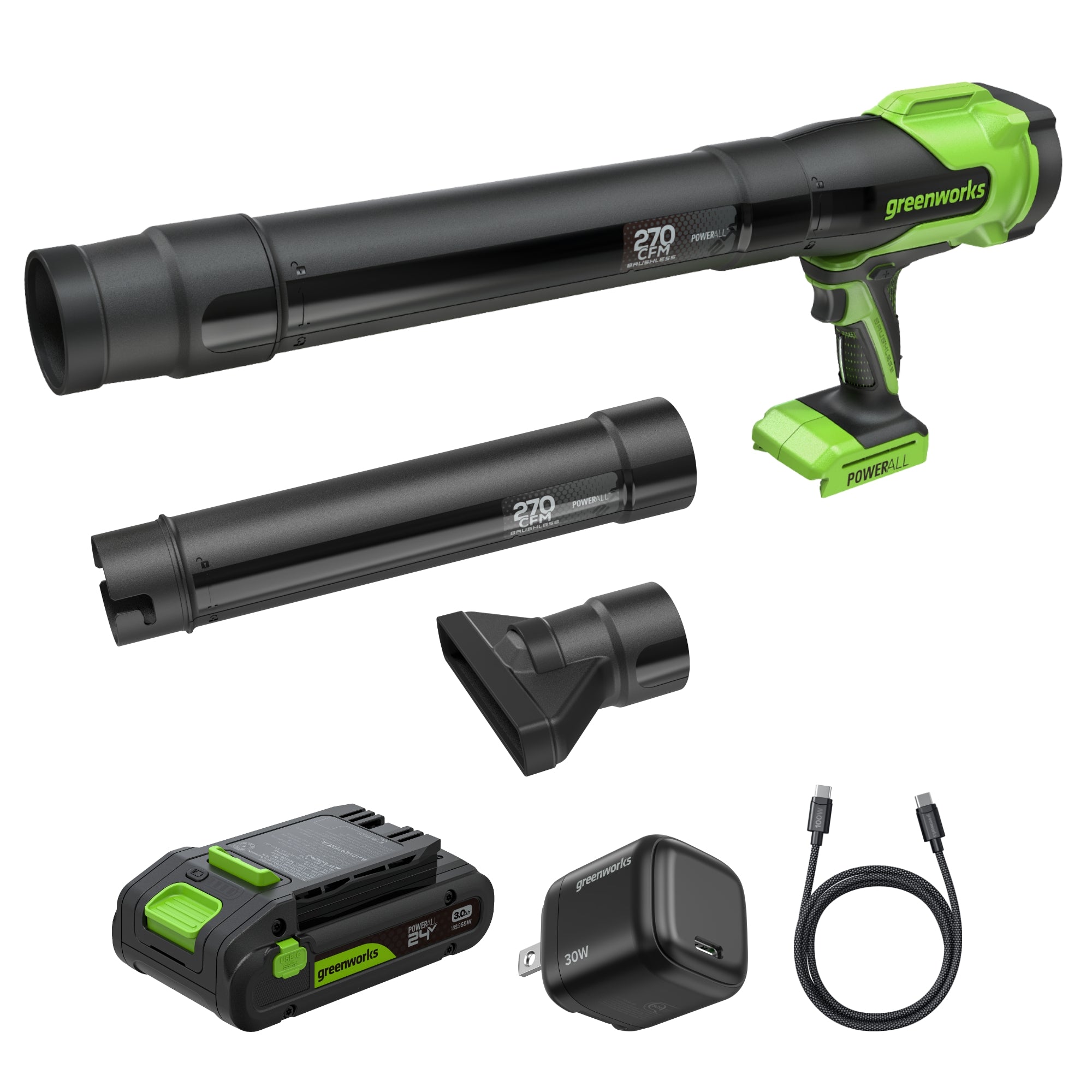 Greenworks 24V 270 CFM BL24270 kit blower with 3.0 Ah battery, Type-C charger and cable on white.