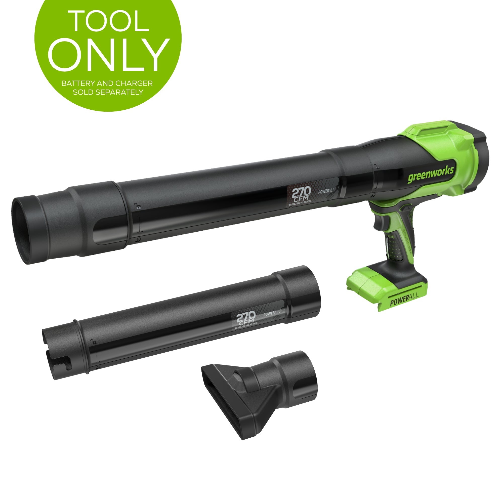 Greenworks 24V 270 CFM BL24270 blower body with Tool Only label; battery and charger sold separately.