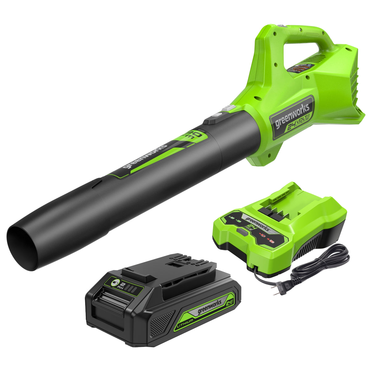 Greenworks 24V 320 CFM blower kit (BL24B212 / SKU 2415702): blower, one 2.0 Ah battery and charger.