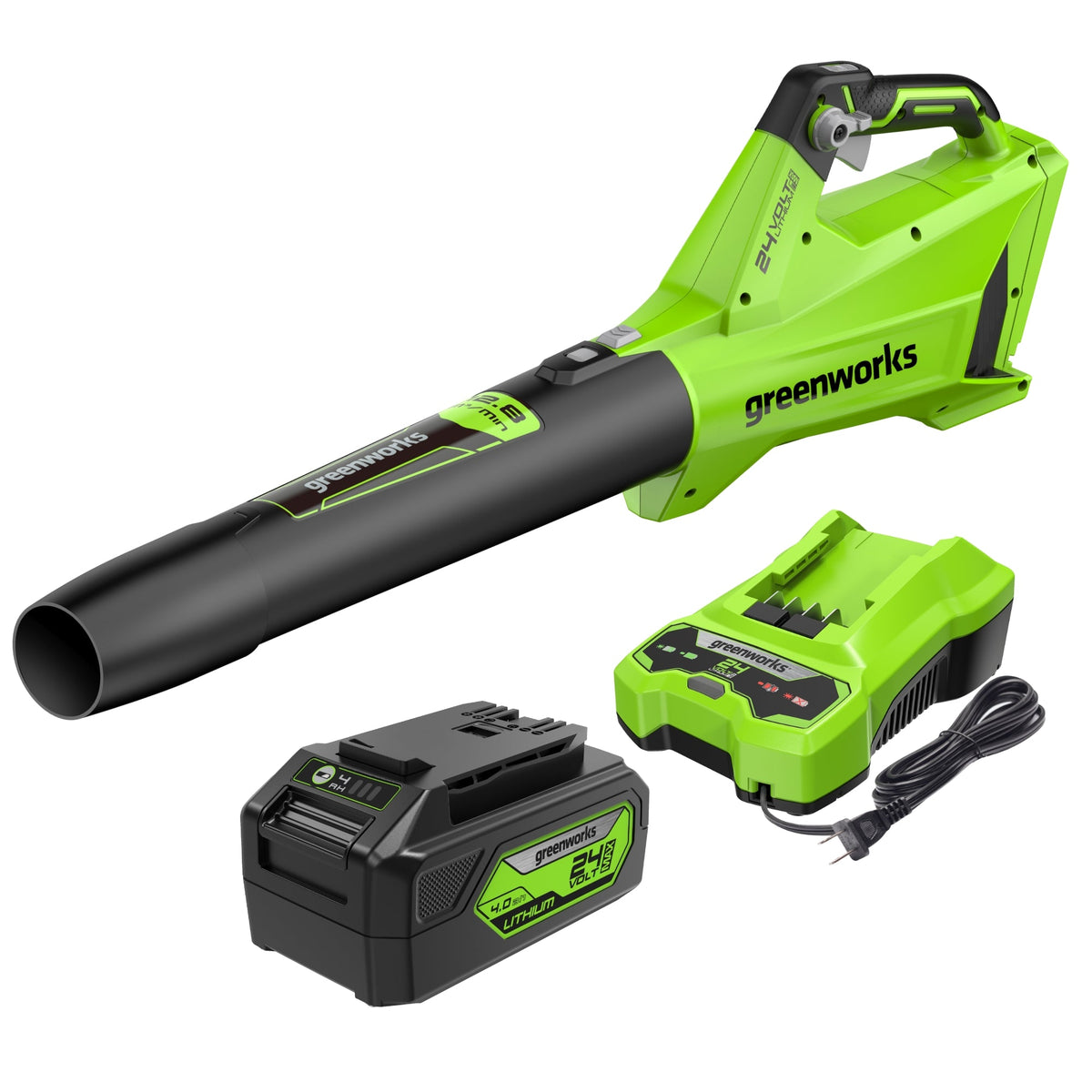 Imagen enlazada desde la página Greenworks del kit de caja abierta BL24L410 24V, que muestra el soplador con una batería de 4.0 Ah y cargador.