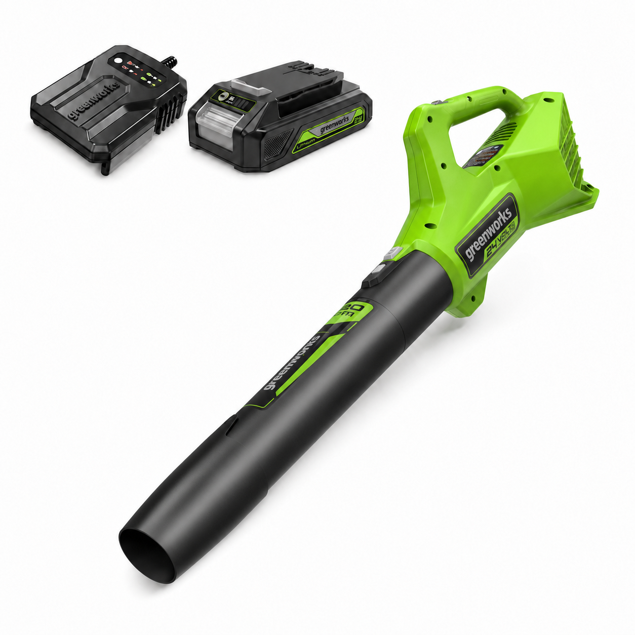 Greenworks 24V handheld leaf blower shown with a battery and charger on a white background.