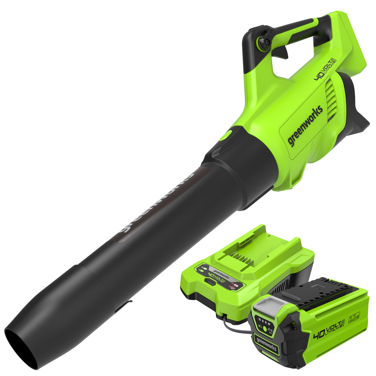 Greenworks 40V handheld blower pictured with one 2.5 Ah battery and charger; the manufacturer image does not print the retail model or SKU.