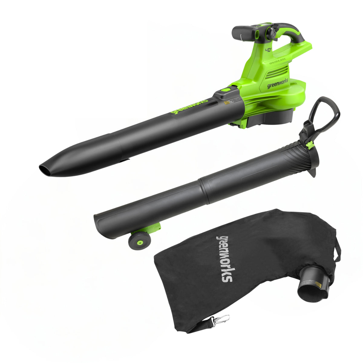 Greenworks BL40L02 40V blower-vacuum configuration with blower body, blower tube, vacuum tube with support wheel, and collection bag; no battery or charger is shown.