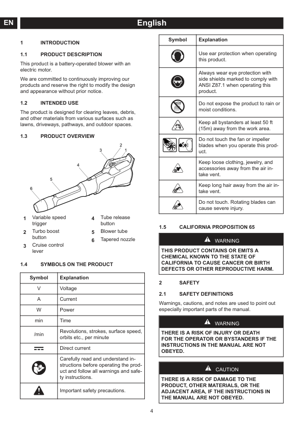 Greenworks BL40L510 operator-manual diagram with callouts for the variable-speed trigger, Turbo button, cruise-control lever, tube release, blower tube, and tapered nozzle.
