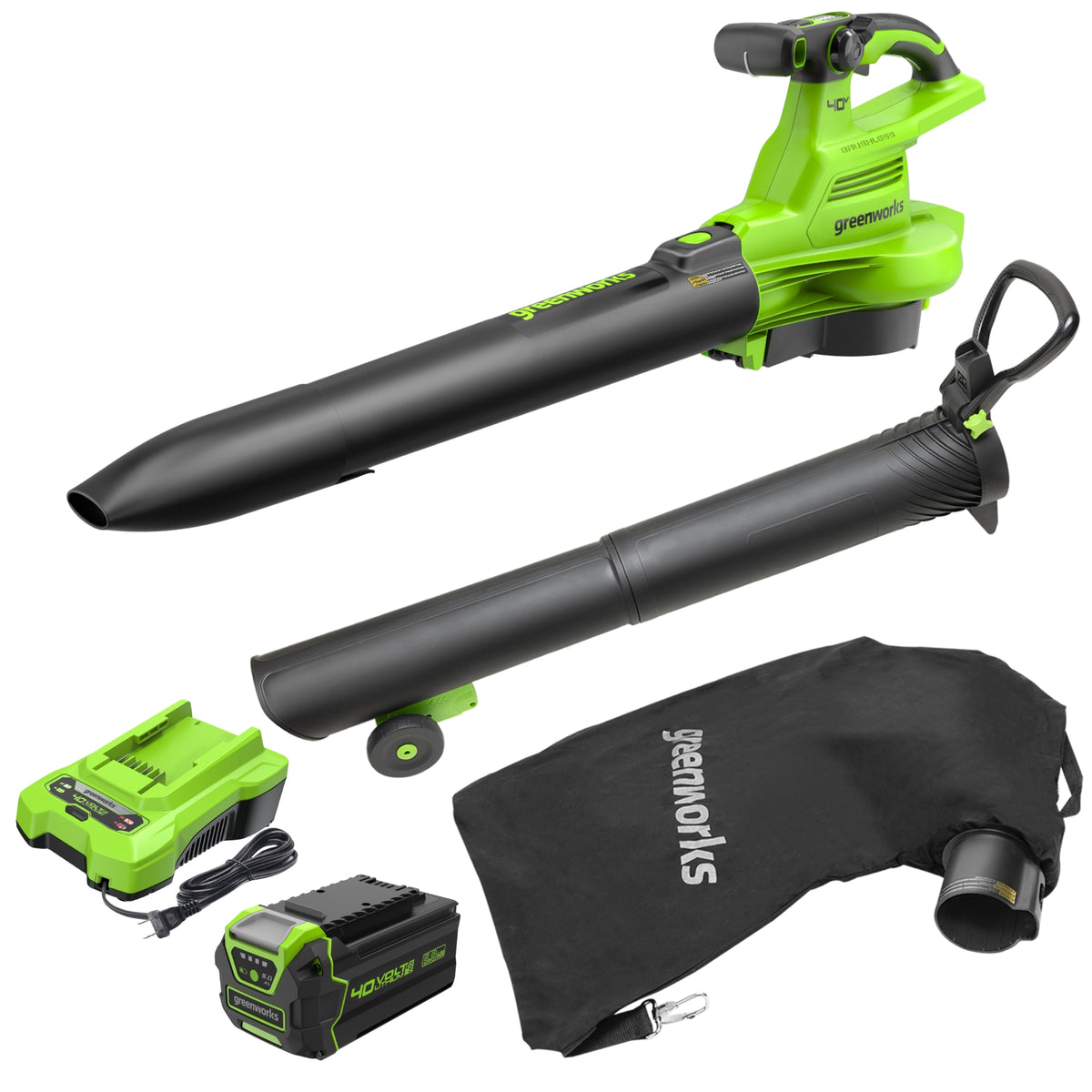 Greenworks BL40L511 40V blower-vacuum configuration with blower body, blower and vacuum tubes, collection bag, one battery and a charger.