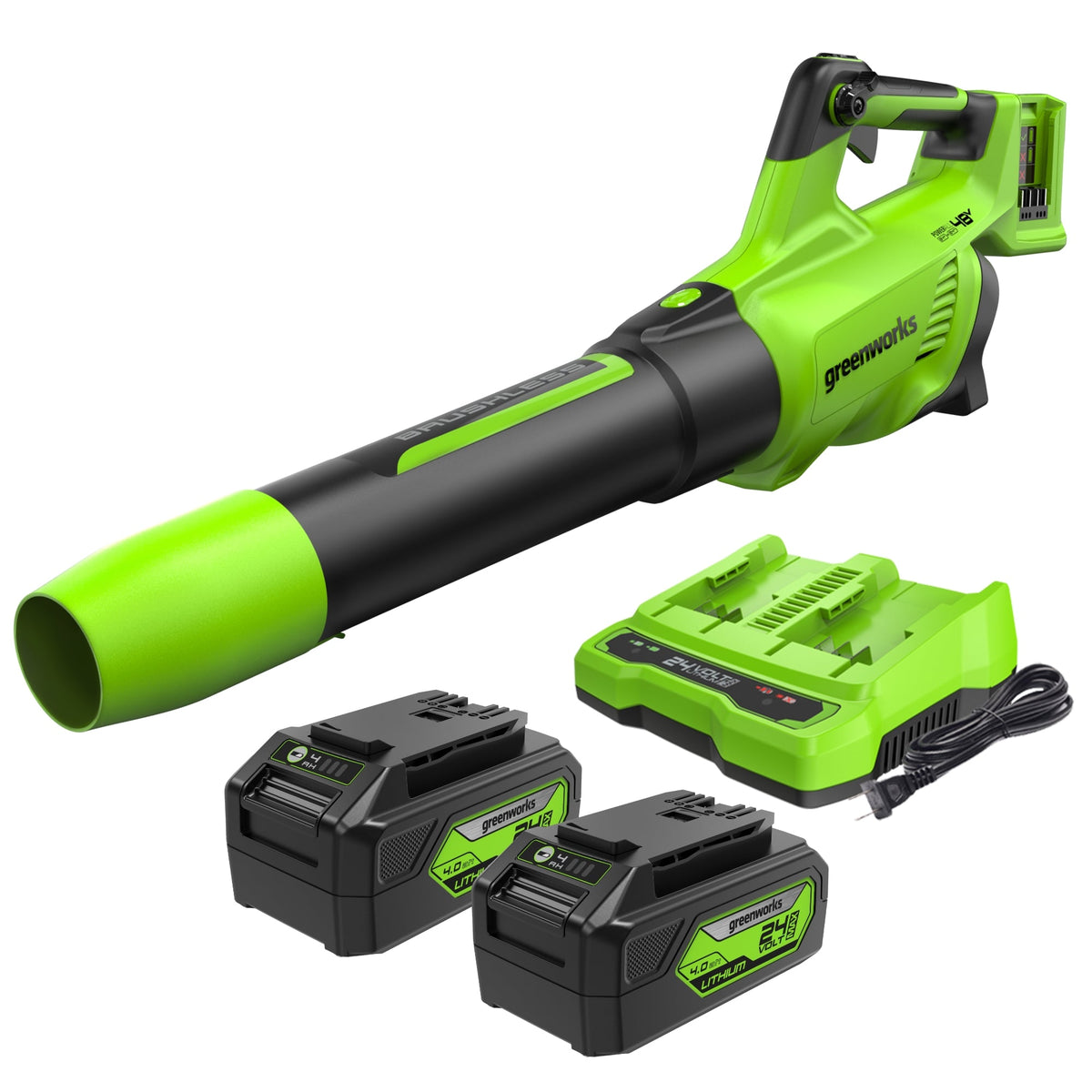 Greenworks BL48L4410 48V (2 × 24V) 585 CFM blower kit with two 4.0 Ah batteries and dual-port charger.