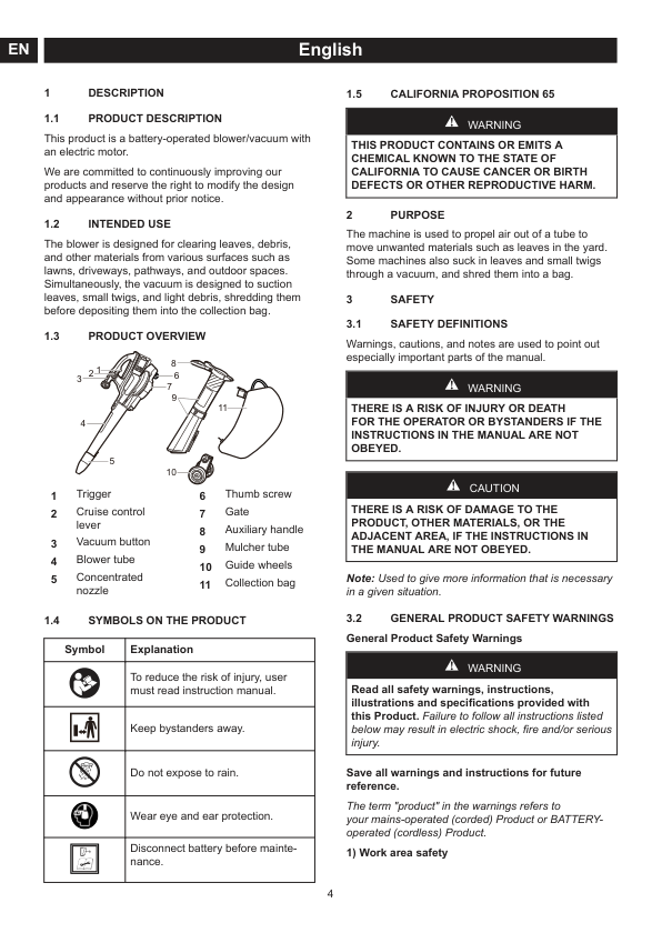 Greenworks BL48L4420 operator-manual diagram showing the blower and vacuum/mulcher assemblies, collection bag, and labeled parts.