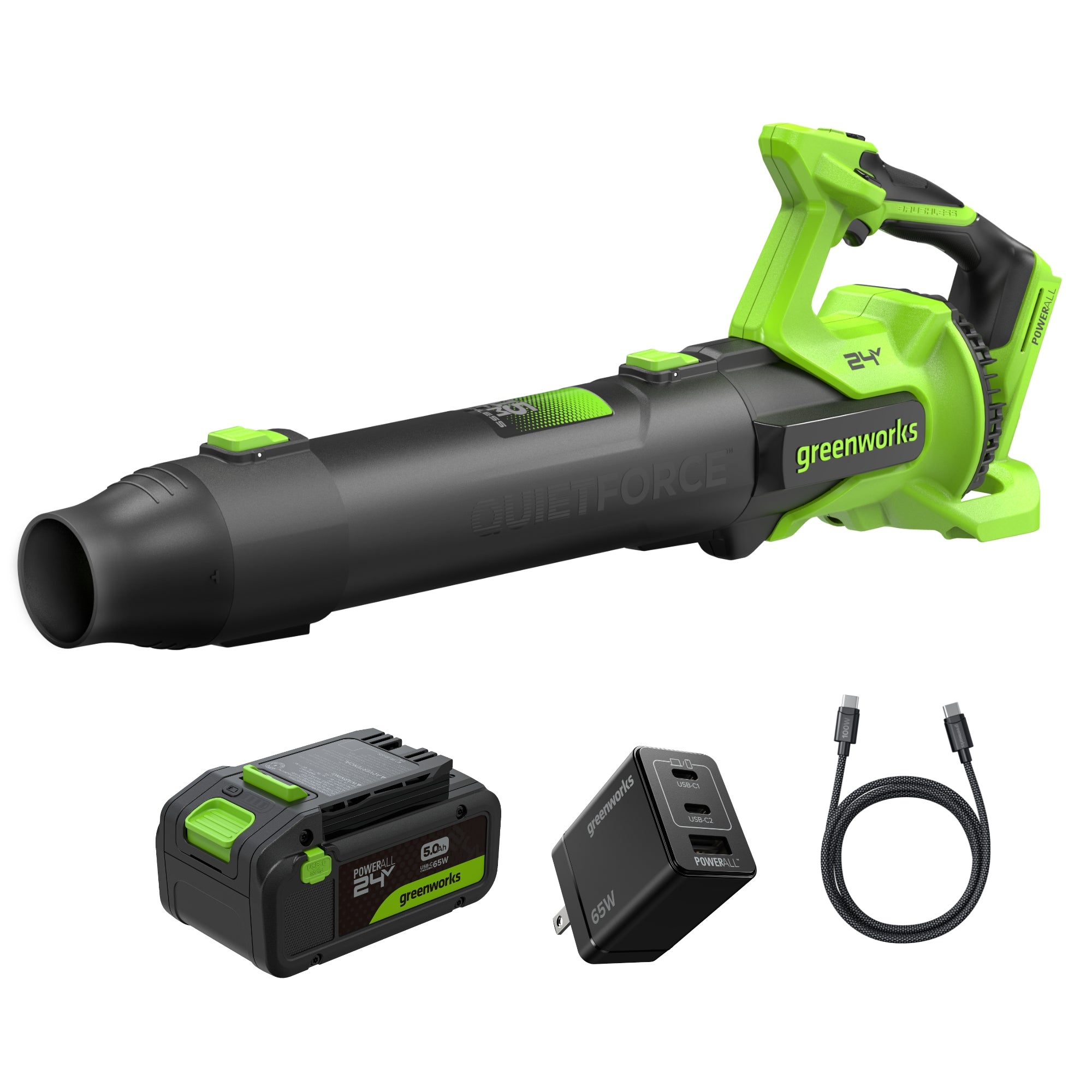 Kit de soplador de mano Greenworks 24V con una batería etiquetada de 5.0 Ah, cargador 65W y cable USB-C para el SKU BL1502H00.