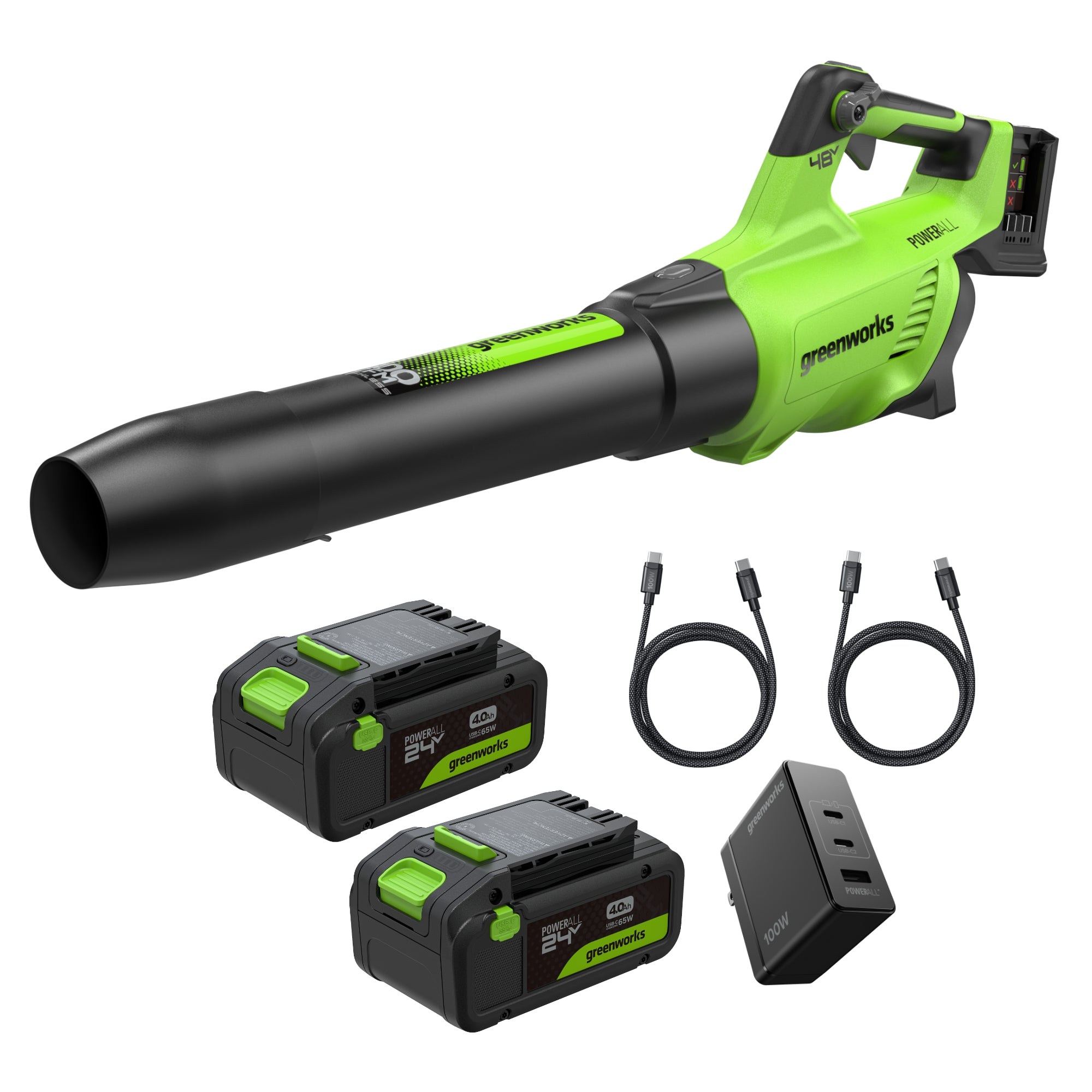 Kit de soplador de mano Greenworks 48V (24V x 2) 600 CFM, con dos baterías de 4.0 Ah, cargador Type-C 100W y dos cables, mostrado en la imagen oficial del SKU BL48600A1.