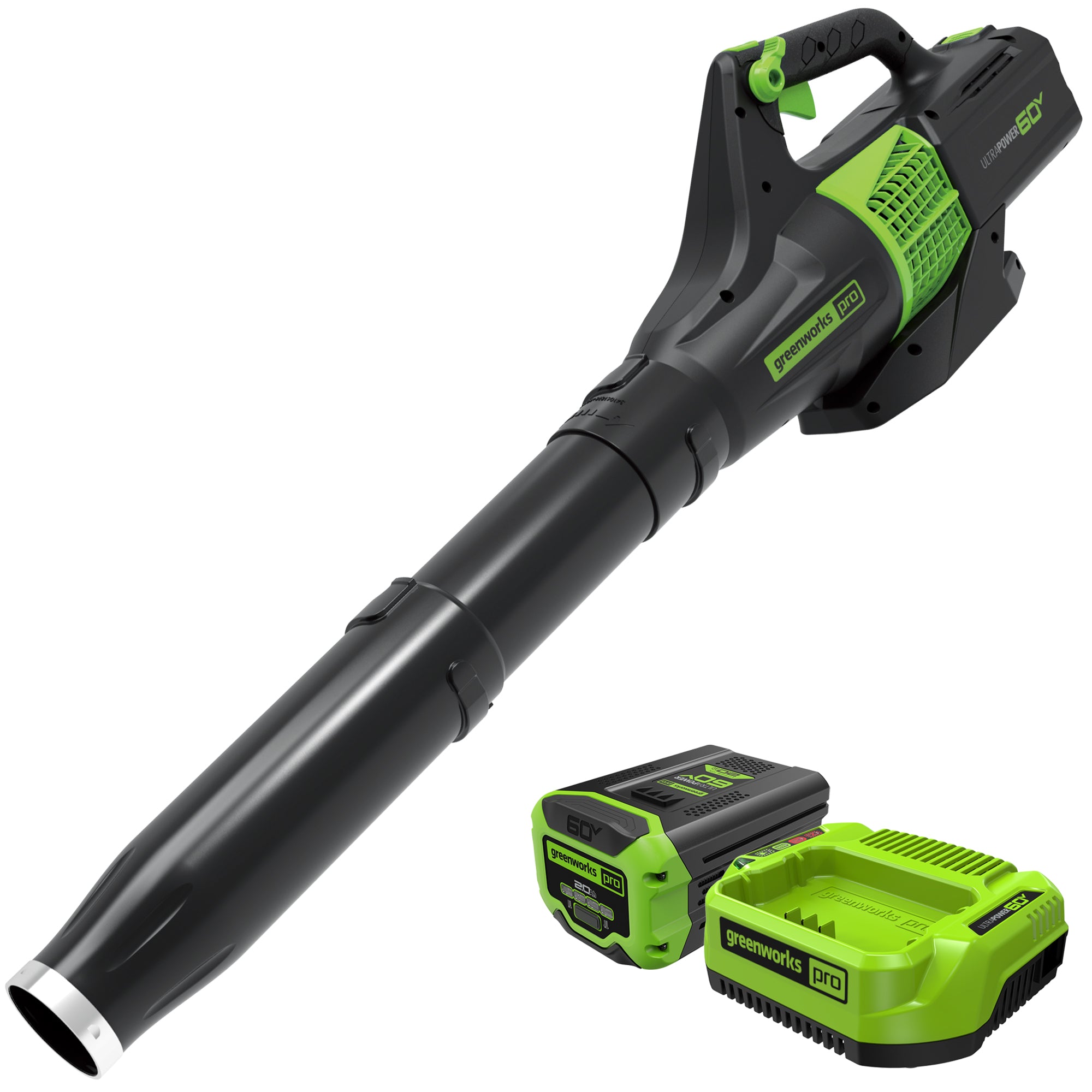 Greenworks 60V handheld leaf blower shown with a battery and charger