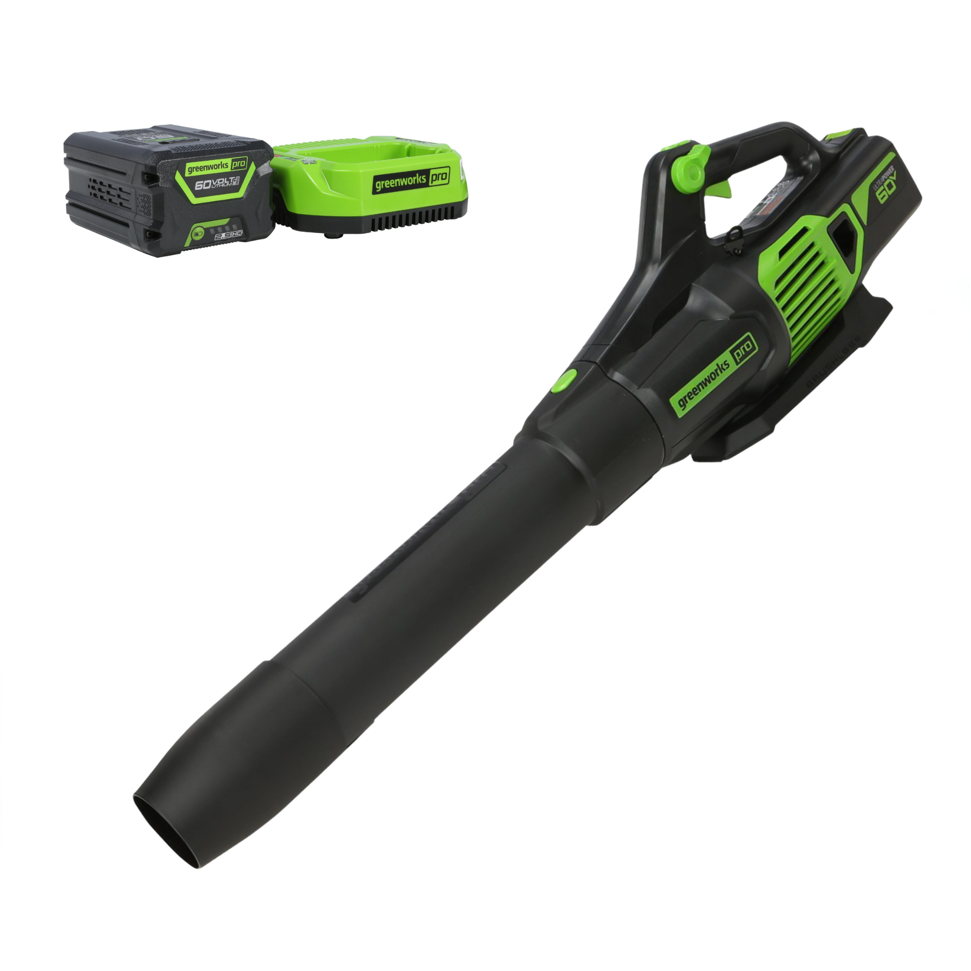 Greenworks Pro 60V handheld blower with one 2.5 Ah battery and a charger on a white background.