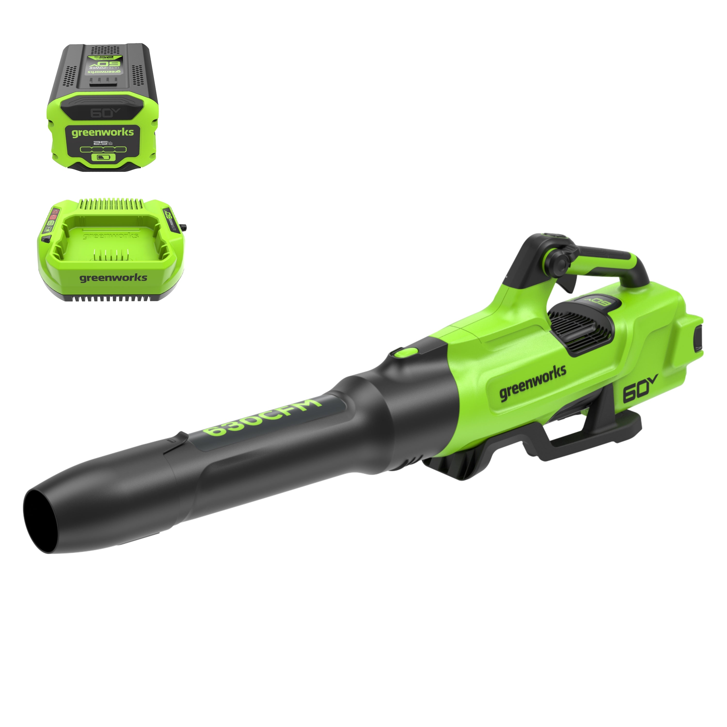 Greenworks 60V 630 CFM handheld blower with a 2.5 Ah battery and charger on a white background.