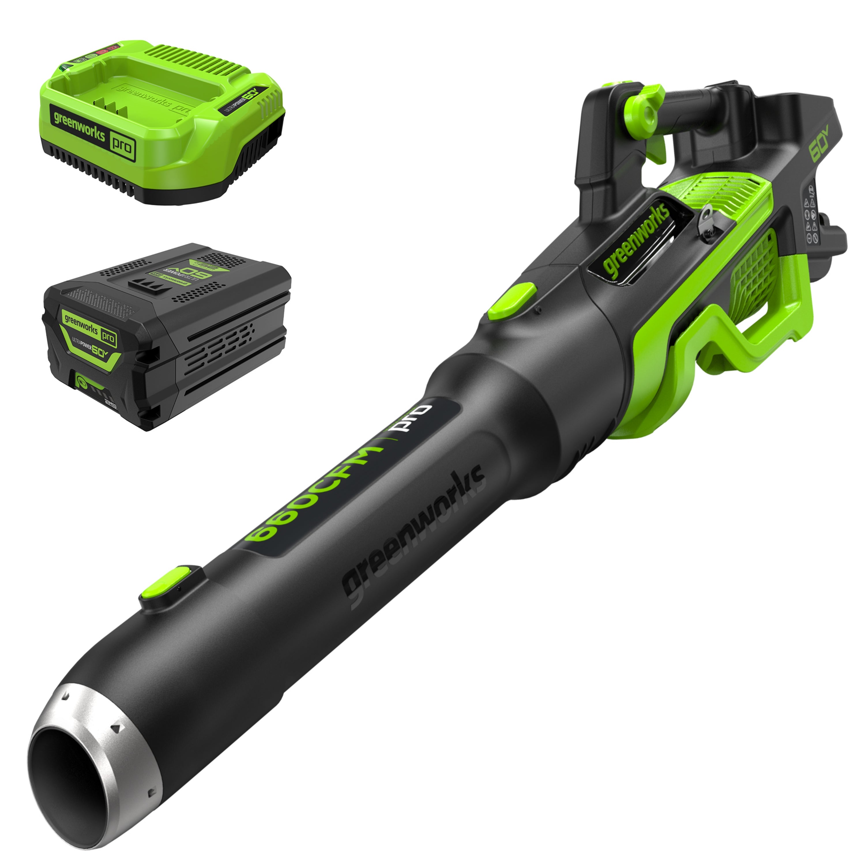 Greenworks 60V 660 CFM handheld blower kit with a battery and charger.