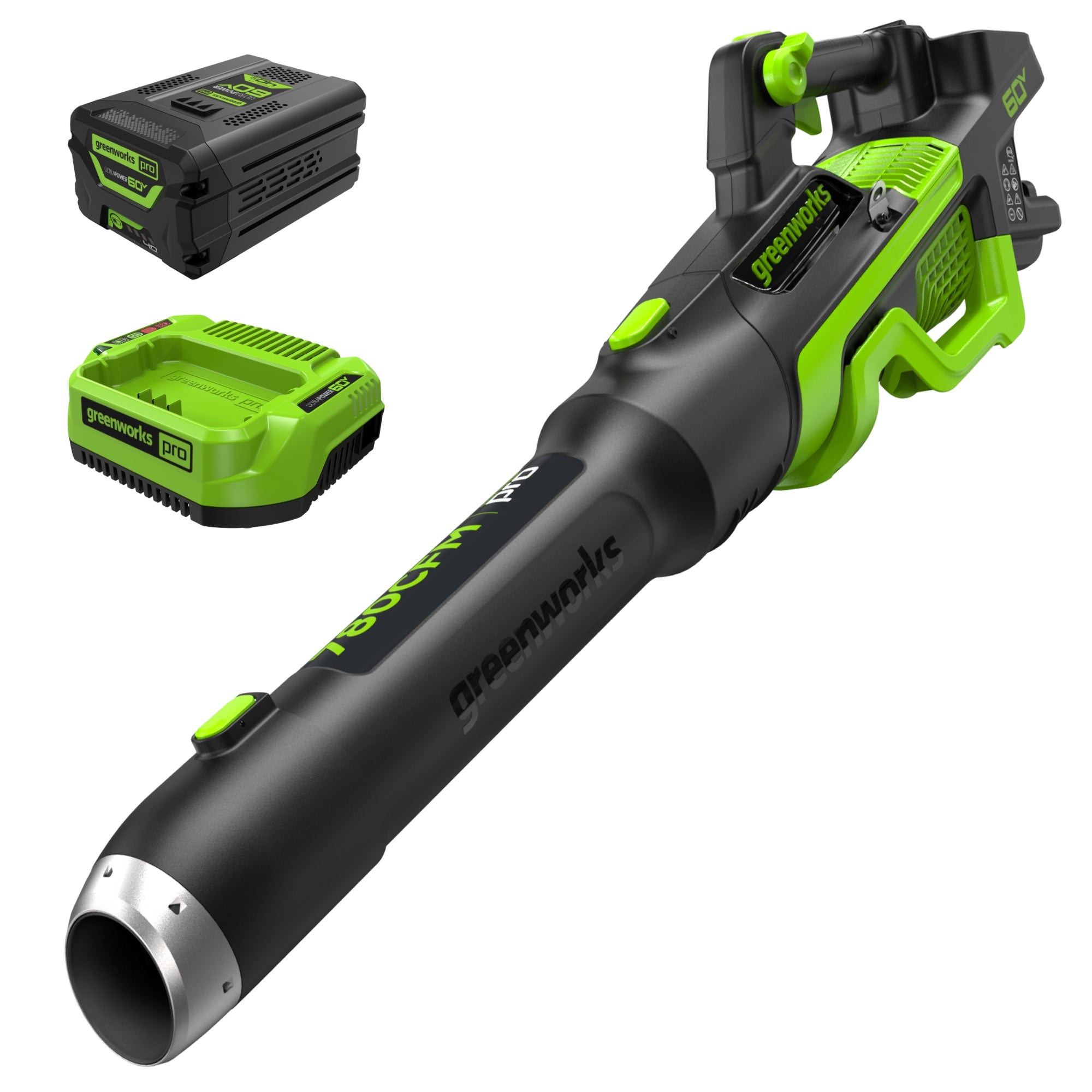 Greenworks Pro 60V handheld blower kit with a battery and charger; the battery capacity marking is not legible in the image.