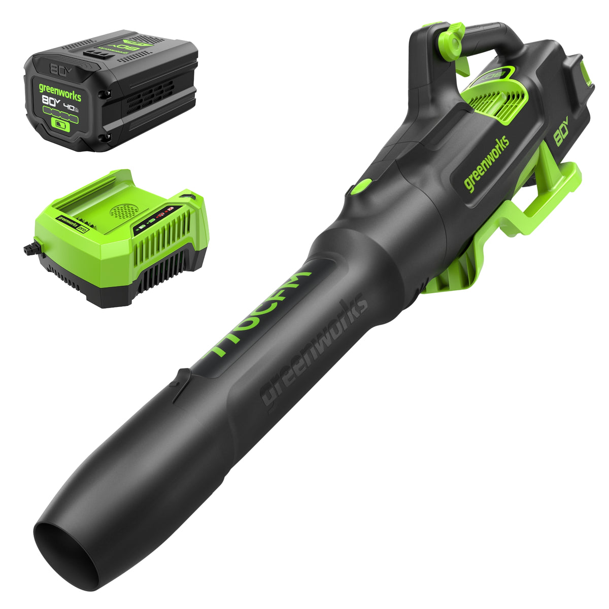 Greenworks 80V 770 CFM cordless blower kit (BL80L414). Kit image visibly includes a 4.0 Ah battery and charger.