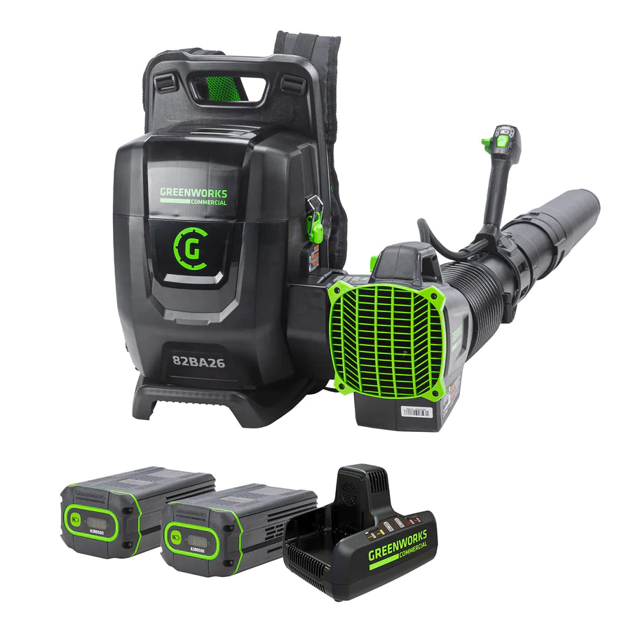 Greenworks 82BA26 backpack blower, two 5.0 Ah batteries and charger on a white background.