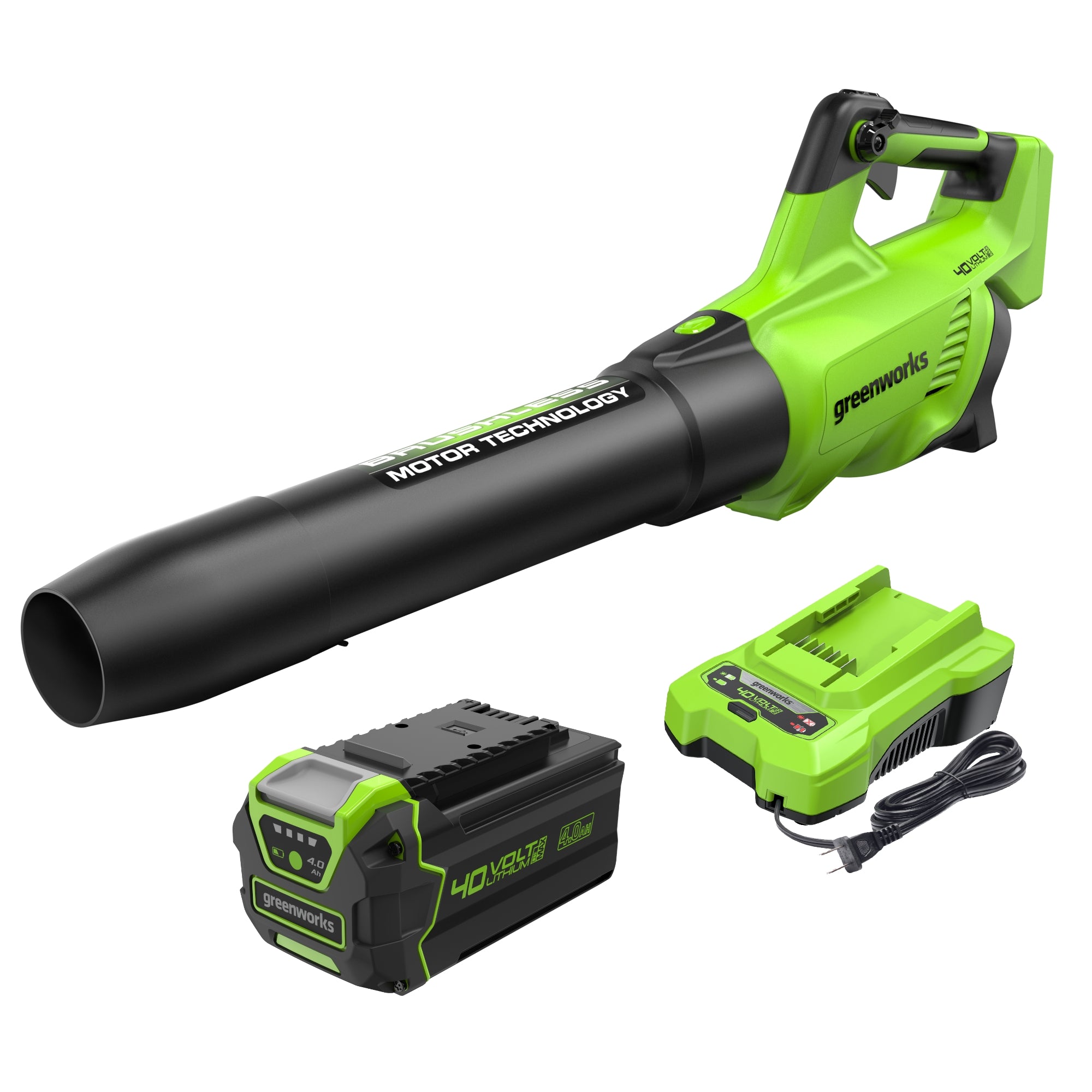 Greenworks 40V blower kit with the handheld blower, one labeled 4.0 Ah battery and charger