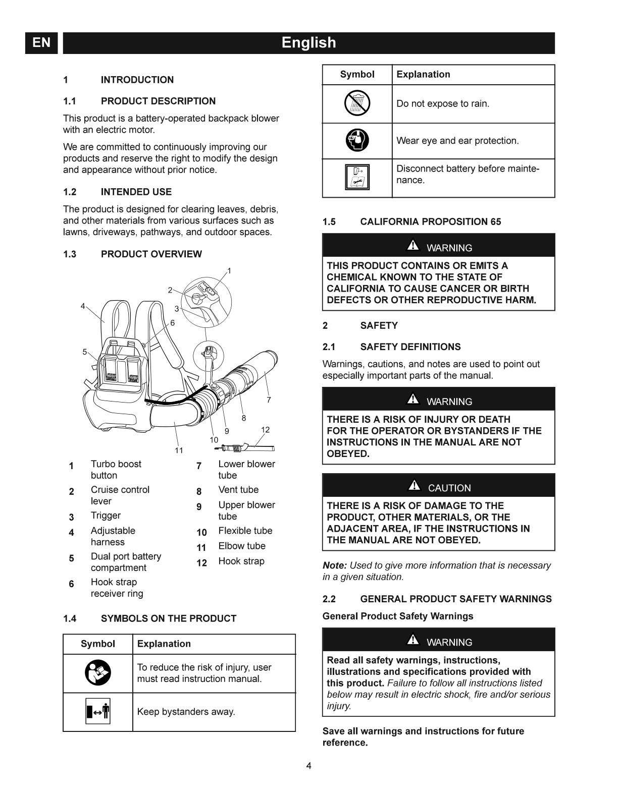 Greenworks BL2002B00 48V (24V x 2) backpack-blower manual diagram showing the blower body, harness, dual battery compartment, tubes and controls.