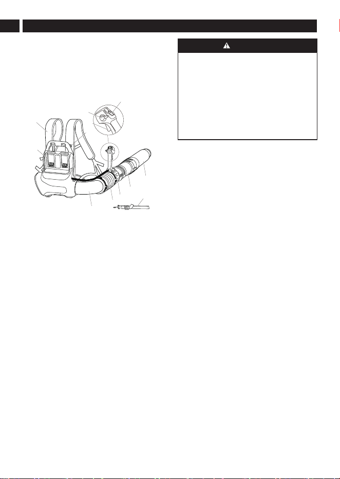 Greenworks BPB40L520-00 operator-manual diagram showing the backpack blower body, harness, tubes and controls.