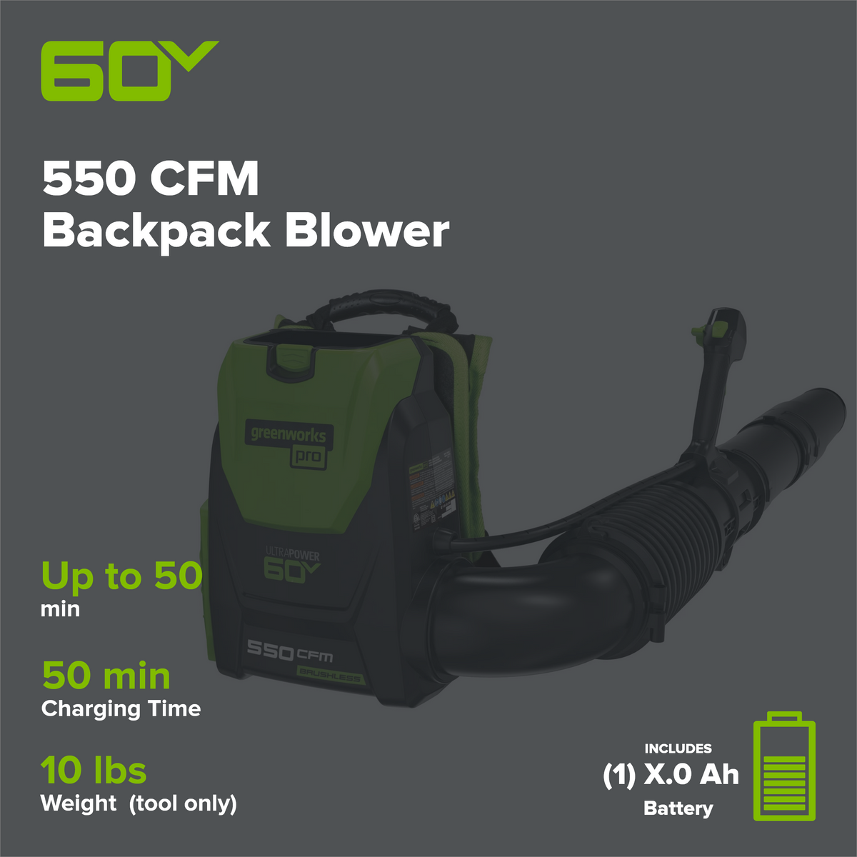 Greenworks BPB60L512 60V 550 CFM backpack blower graphic with backpack unit and one battery; exact product listing separately identifies the pack as 5.0 Ah.