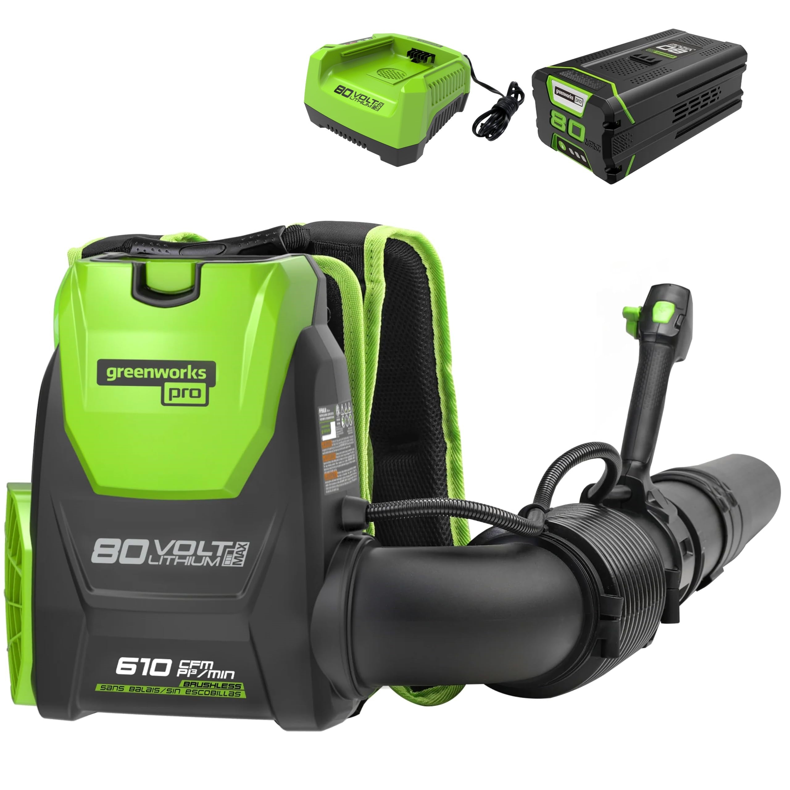 Official Greenworks 80V 610 CFM backpack blower kit image with one battery and rapid charger; exact page identifies the kit as BPB80L502 / SKU 2429202.