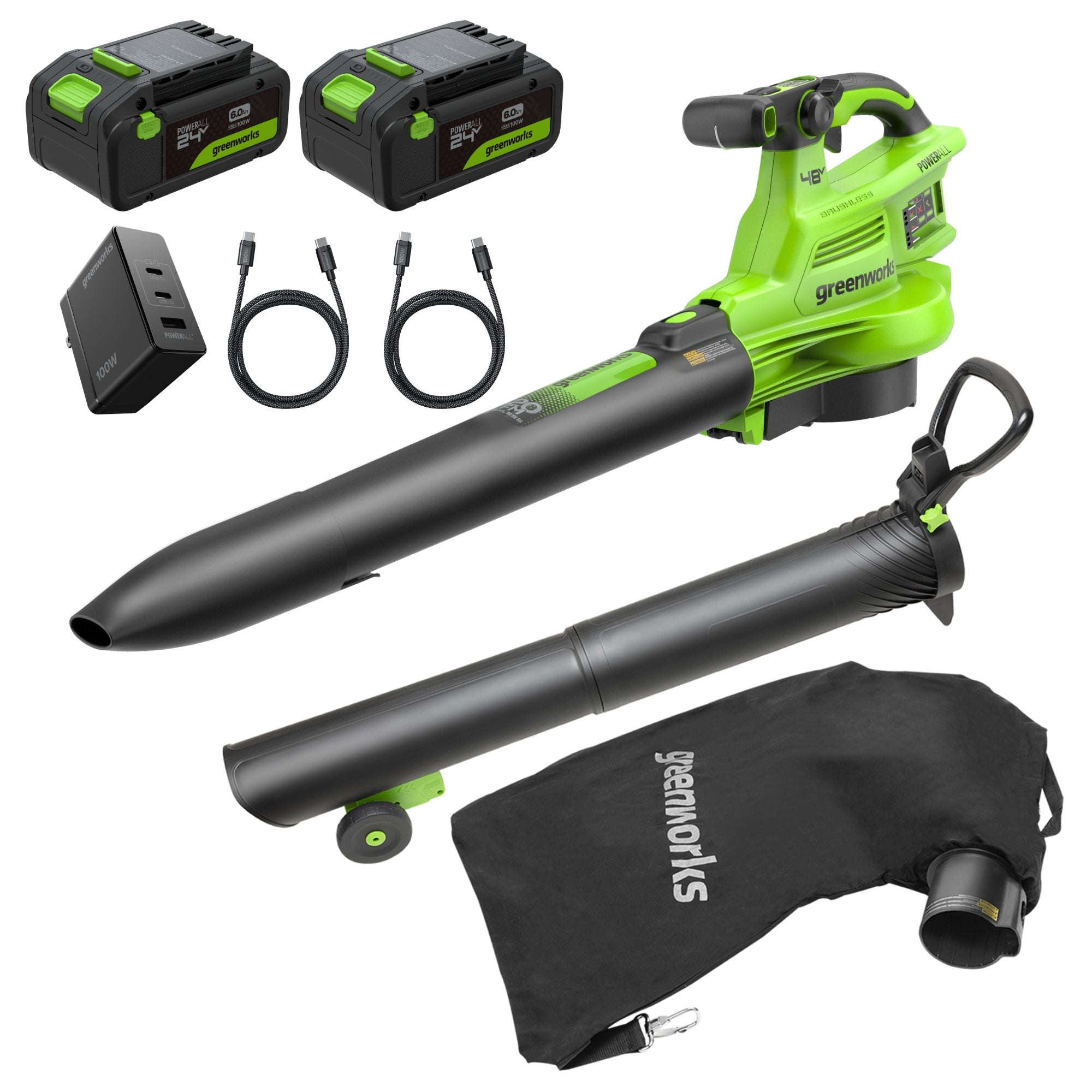 Kit de soplador-aspirador Greenworks 48V (24V x 2) con dos baterías de 6.0 Ah, cargador Type-C 100W, cables, conjuntos de soplador y aspirador, y bolsa recolectora; aparece en la imagen oficial del SKU BV48520A1.