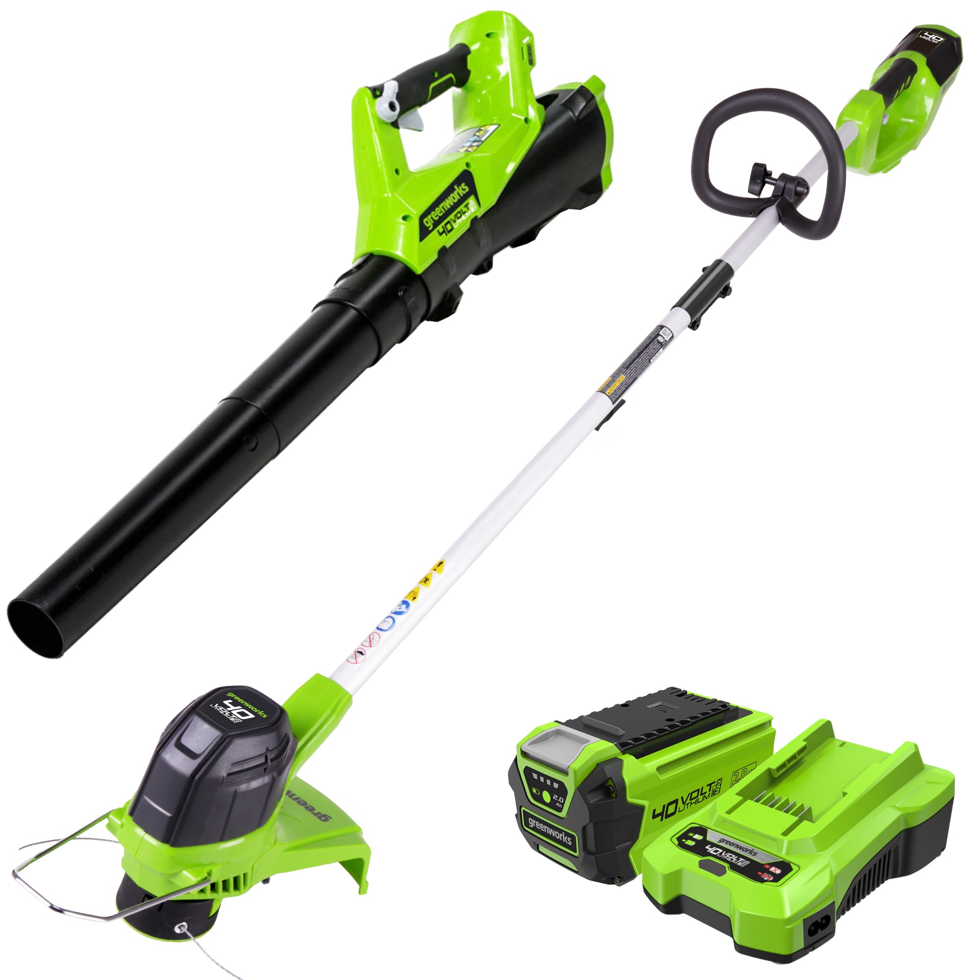 Greenworks 40V STBA40B210 two-tool kit showing a handheld blower, 12-inch string trimmer, one battery and charger