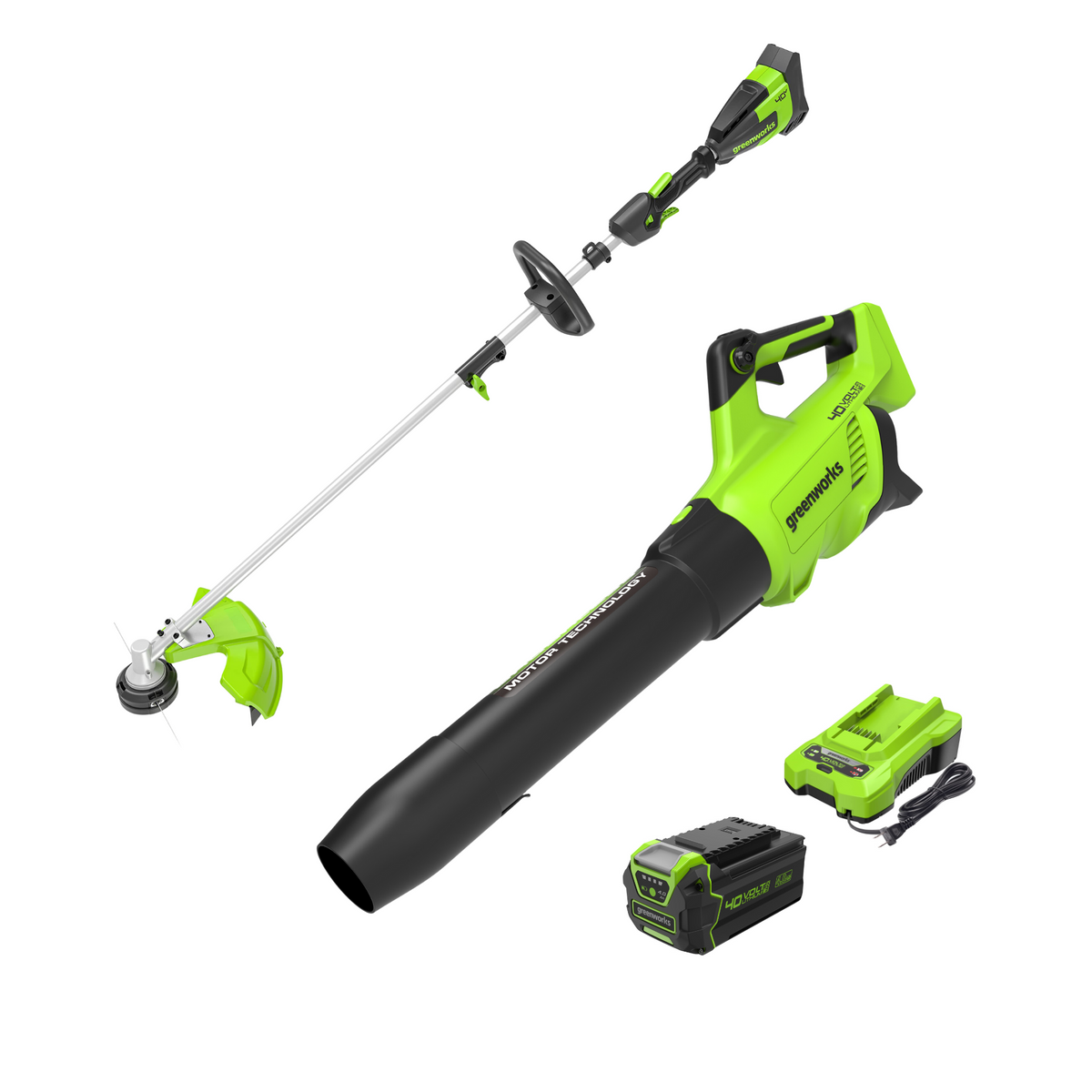 Greenworks STBL40L301 package graphic showing the blower, attachment-capable string trimmer, one battery and charger.